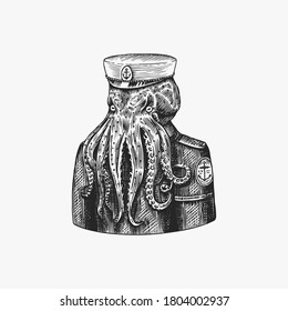 Octopus sailor. Sea captain. Fashion Animal character. Nautical Seaman or nautical mariner. Hand drawn sketch. Vector engraved illustration for logo, label and tattoo or T-shirts.