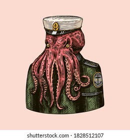 Octopus sailor. Sea captain. Fashion Animal character. Nautical Seaman or nautical mariner. Hand drawn sketch. Vector engraved illustration for logo, label and tattoo or T-shirts.