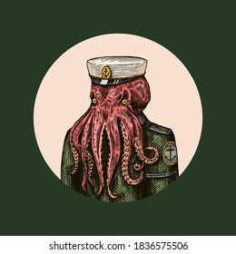 Octopus sailor. Sea captain. Fashion Animal character. Nautical Seaman or nautical mariner. Hand drawn sketch. Vector engraved illustration for logo, label and tattoo or T-shirts.