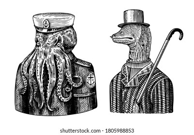 Octopus sailor. Sea captain and Muraena eels. Fashion Animal character. Nautical Seaman or nautical mariner. Hand drawn sketch. Vector engraved illustration for logo, label and tattoo or T-shirts.