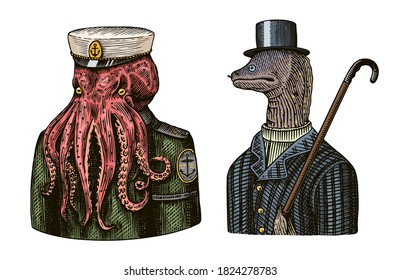 Octopus sailor. Sea captain and Muraena eels. Fashion Animal character. Nautical Seaman or nautical mariner. Hand drawn sketch. Vector engraved illustration for logo, label and tattoo or T-shirts.