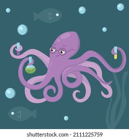 Octopus scientist with test tubes. 