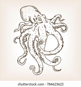 Octopus sea animal engraving vector illustration. Brown aged background. Scratch board style imitation. Hand drawn image.