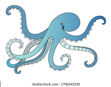 Octopus - sea animal vector full color picture. Blue octopus in cartoon style for children's prints on the theme of marine life and underwater inhabitants.