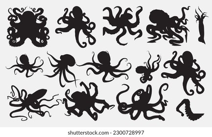 Octopus Sea animal vector silhouette for icon or sign. The shape of a giant octopus on a white background. Sea monster Kraken. Vector illustration.