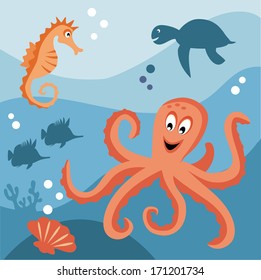 Octopus, sea horse, turtle and tropical fishes in the sea.