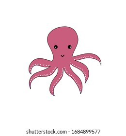 Octopus sea inhabitant funny with isolated cartoon image of marine animal and fishes on white background vector illustration