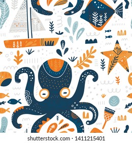 Octopus, sea life flat vector seamless pattern