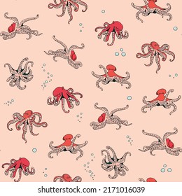 Octopus sea life vector seamless pattern