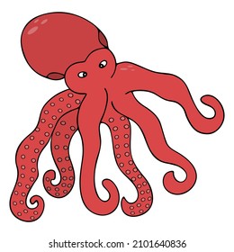 Octopus. Sea monster with tentacles. Ocean dweller. Red sea creature. Colored vector illustration. Cartoon style. Isolated background. Idea for web design, books.