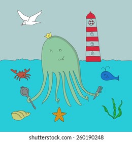 Octopus and sea set. Vector illustration. Flat design. EPS 8