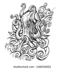 Octopus and sea waves. Outline vector illustration isolated on white background for tattoos, print on T-shirts, pirate party and much more.