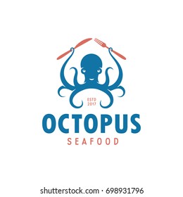 Octopus seafood emblem. Coastal kitchen logotype template. Vector vintage illustration.