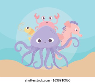 octopus seahorse crab and shrimp life cartoon under the sea vector illustration