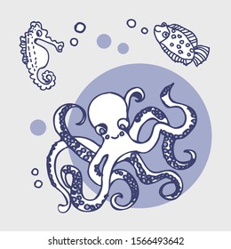 Octopus, seahorse and fish illustration