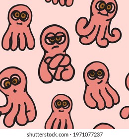 Octopus. Seamless illustration. Cartoon sketch style. Hand outline drawing cheerful funny underwater animal. vector