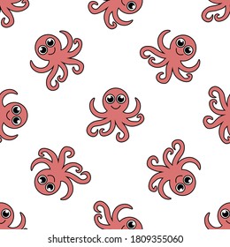 Octopus seamless pattern. colored trendy vector illustration. Cartoon style. Flat design. Seamless pattern. flyer, congratulation, invitation, poster, banner, card, web, packaging.