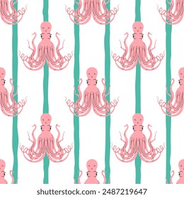 Octopus seamless pattern flat vector. Cute cartoon style sea and ocean creature, animal. Symmetrical square composition, for print design, wallpaper, wrapping paper or web.