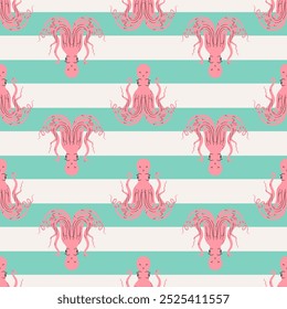 Octopus seamless pattern flat vector. Cute cartoon style sea and ocean creature, animal. Symmetrical square composition, for print design, wallpaper, wrapping paper or web.