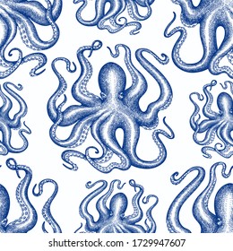 Octopus seamless pattern. Hand drawn vector seafood illustration. Retro sea animals background