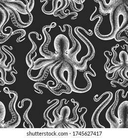 Octopus seamless pattern. Hand drawn vector seafood illustration on chalk board. Retro sea animals background