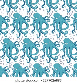 Octopus seamless pattern. Hand drawn vector seafood illustration. Retro sea animals background
