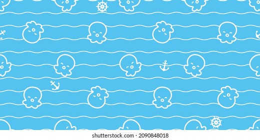 octopus seamless pattern squid fish vector wave anchor helm sea salmon tuna shark dolphin doodle icon cartoon ocean sea pet animal repeat wallpaper tile background scarf isolated illustration doodle d