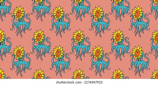 octopus seamless pattern vector design with squid sunflower cartoon doodle repeat wallpaper tile background illustration design isolated