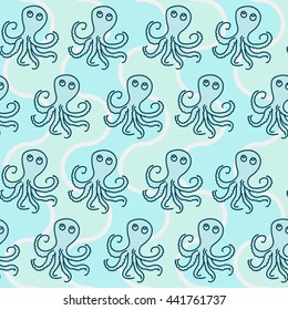 Octopus seamless pattern. Vector illustration. Wave sea pattern. Pattern can be used as wrapping paper, bathroom and curtain design, background, fabric print, web page backdrop, wallpaper and more