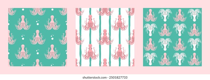 Octopus seamless patterns set flat vector. Cute cartoon style sea and ocean creatures, animals. Symmetrical square composition, for print design, wallpaper, wrapping paper or web.