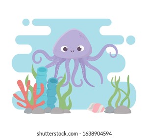 octopus, seashell and stones life coral reef cartoon under the sea vector illustration