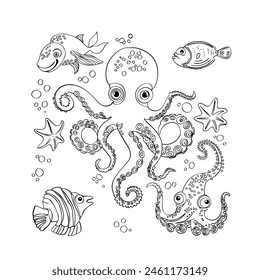 Octopus set boho style isolated. Animal illustration with ornament style