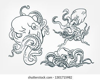octopus set collection japanese chinese oriental vector ink style design elements illustration