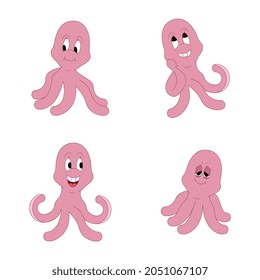 Octopus set with different emotions. Cute octopus character vector illustration.