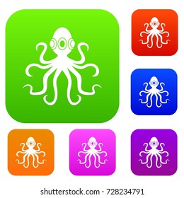 Octopus set icon color in flat style isolated on white. Collection sings vector illustration
