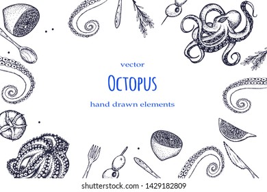 Octopus .Set of seafood. Hand drawn illustrations.Seafood concept on white background. Hand drawn octopus . Background template for design. Can be use for menu, packaging.