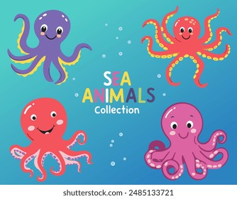 Juego de pulpos. Conjunto de animales marinos salvajes. Lindo pulpo. Habitantes del mar. Escena submarina de dibujos animados plana