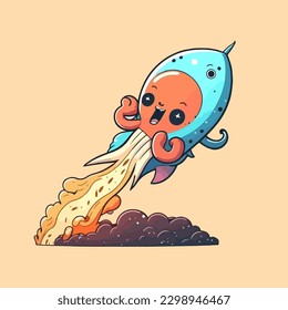 An octopus shaped flying rocket that shoots out fire, a cute mascot for animals, vehicles, and technology, with a flat cartoonish design