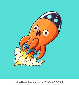 An octopus shaped flying rocket that shoots out fire, a cute mascot for animals, vehicles, and technology, with a flat cartoonish design