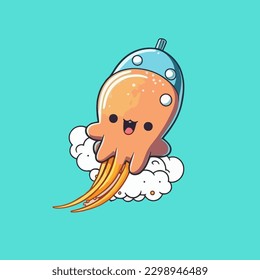 An octopus shaped flying rocket that shoots out fire, a cute mascot for animals, vehicles, and technology, with a flat cartoonish design