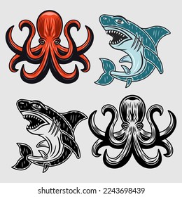 Octopus and shark set of vector animals in two styles colored and black and white