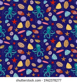 Octopus and shells pattern. Print for use in childrens design. Vector illustration on a blue background. For use in packaging, fabrics. brochures, covers, and other decor.