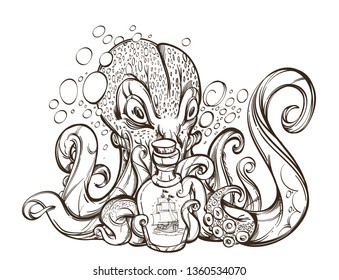 Octopus with a ship in a bottle. Outline vector illustration isolated on white background for tattoos, coloring and much more.