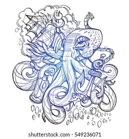 Octopus, a ship and a frigate anchored outline sketch of a tattoo. Monochrome illustration for design t-shirts and other items. Sea monster sticker. Illustration for coloring.