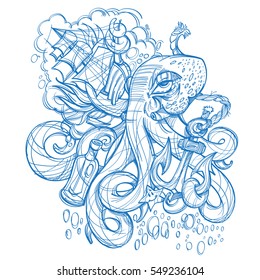 Octopus, a ship and a frigate anchored outline sketch of a tattoo. Monochrome illustration for design t-shirts and other items. Sea monster sticker. Illustration for coloring.