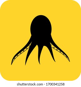 Octopus sign. Seafood. Squid. Marine life logo. Scary horror icon. Flat colour vector illustration. Product service brand label banner display board. App symbol.