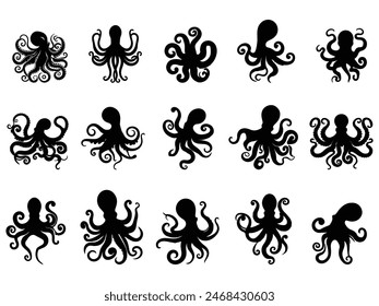 octopus silhouette black set isolated on white background.