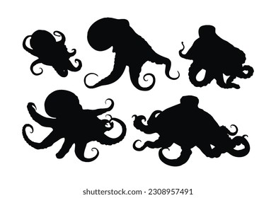 Octopus silhouette bundle. Octopus with tentacles silhouette set vector. Octopus crawling silhouette bundle design. Sea creatures vector on a white background. Squids in different positions.