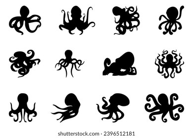 Colección de silueta de pulpo en negro. Conjunto de silueta de pulpo negro. Colección de siluetas de pulpo