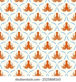 Octopus silhouette damask seamless pattern vector. Cute cartoon style sea and ocean creatures, animals. Symmetrical square composition, for print design, wallpaper, wrapping paper or web.